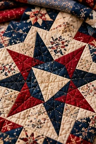 Close view of an eight-point star quilt block in red, navy and cream with fine quilting
