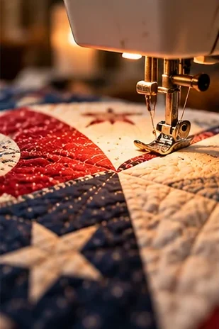 A sewing machine presser foot quilting a red, white and blue star quilt