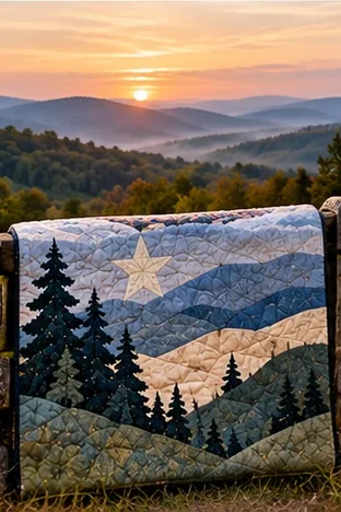 A landscape quilt of blue and green hills, pine trees and a pale star, draped over a stone wall above wooded hills at sunset