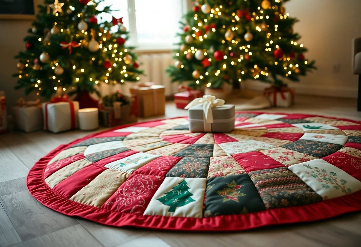 A round quilted patchwork tree skirt in red, green and cream Christmas prints with red binding, on the floor near decorated Christmas trees and wrapped presents