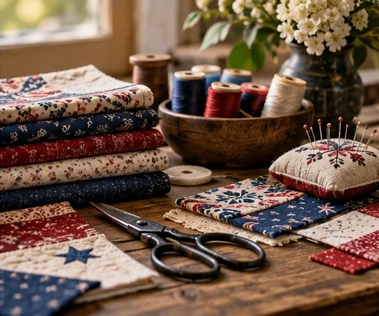 Folded red, navy and cream quilting cottons, a bowl of thread spools, a pincushion and a pair of black-handled scissors on a wooden table by a window