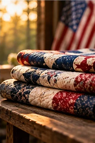 A stack of three folded red, white and blue quilts on a wooden table, with a flag hanging behind them