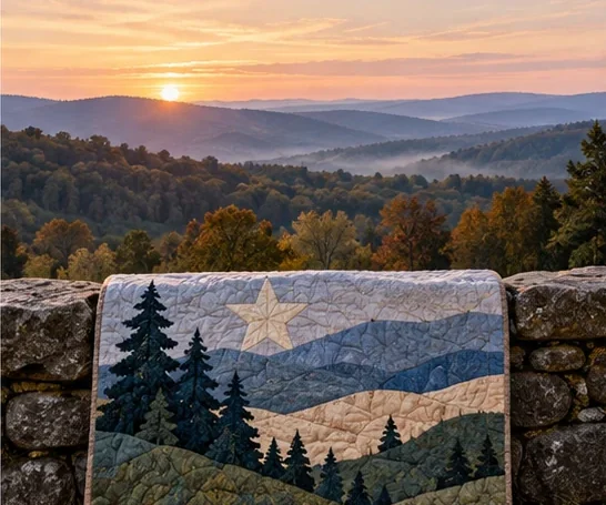 A landscape quilt with a pale pieced star over layered blue and green hills and pine trees, draped over a stone wall above wooded hills at sunrise