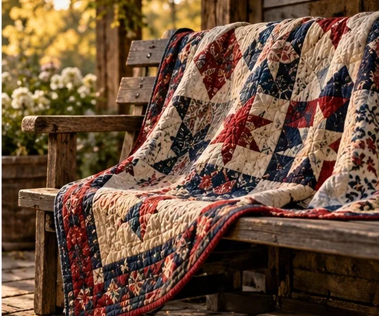 A red, navy and cream star quilt draped over a weathered wooden garden bench in warm evening light