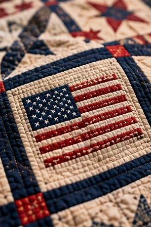 A quilted square with a stitched American flag, framed in navy sashing with red cornerstones