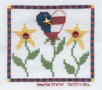 Cross-stitched memorial square by Anna Mae Stotler