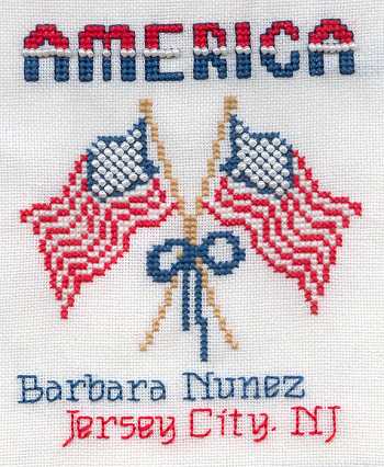 Cross-stitched memorial square by Barbara Nunez