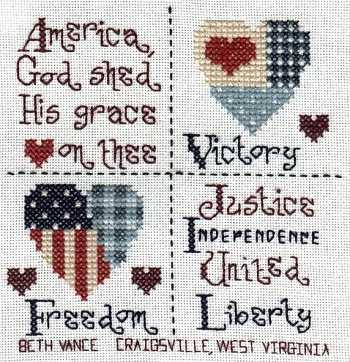 Cross-stitched memorial square by Beth Vance