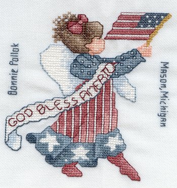 Cross-stitched memorial square by Bonnie Pollok