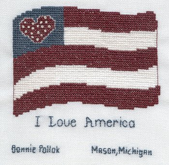 Cross-stitched memorial square by Bonnie Pollok