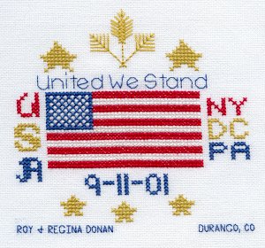 Cross-stitched memorial square by Cheri Donan