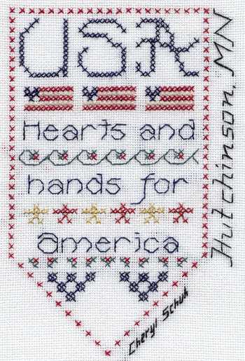 Cross-stitched memorial square by Cheryl Schuh
