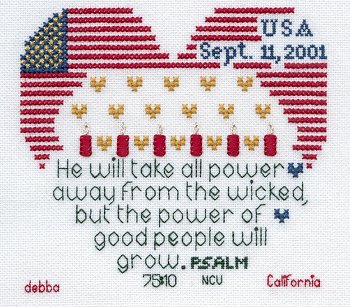 Cross-stitched memorial square by Debba Rofheart