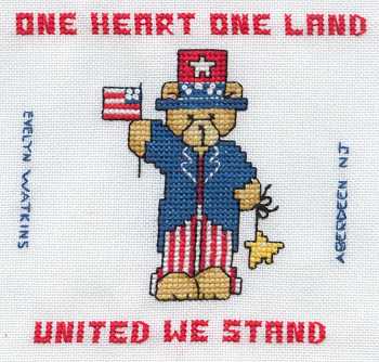 Cross-stitched memorial square by Evelyn Watkins
