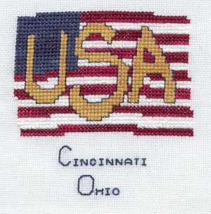 Cross-stitched memorial square by Jill Hawkins