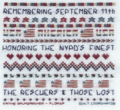 Cross-stitched memorial square by Kathie Baumgardner