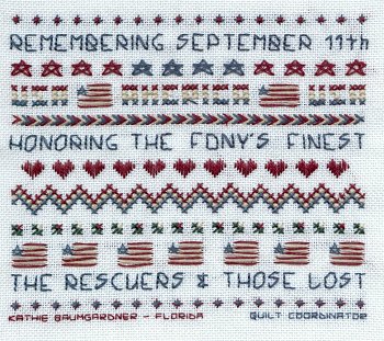 Cross-stitched memorial square by Kathie Baumgardner
