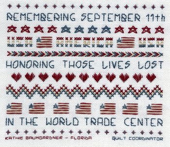 Cross-stitched memorial square by Kathie Baumgardner