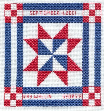 Cross-stitched memorial square by Kay Wallin