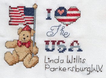 Cross-stitched memorial square by Linda Willis