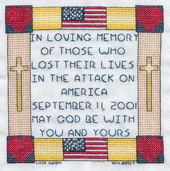 Cross-stitched memorial square by Linda Zuroff