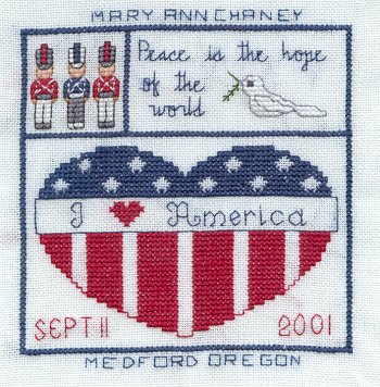 Cross-stitched memorial square by Mary Ann Chaney