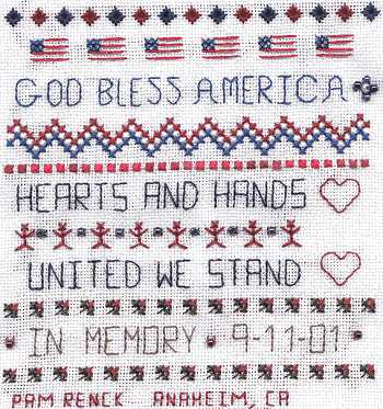 Cross-stitched memorial square by Pam Renck