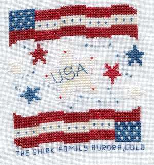 Cross-stitched memorial square by Rachel Shirk