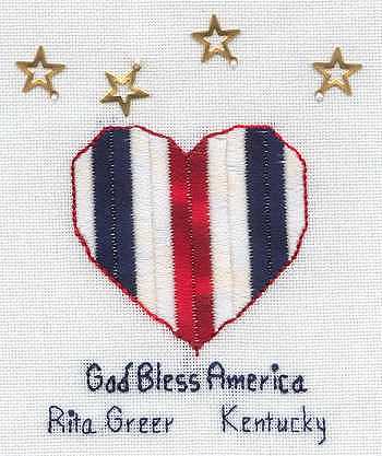 Cross-stitched memorial square by Rita Greer
