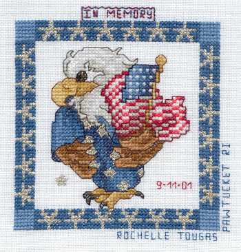 Cross-stitched memorial square by Rochelle Tougas