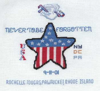 Cross-stitched memorial square by Rochelle Tougas