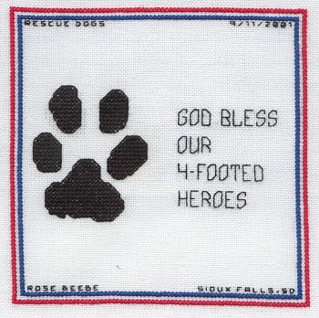 Cross-stitched memorial square by Rose Beebe