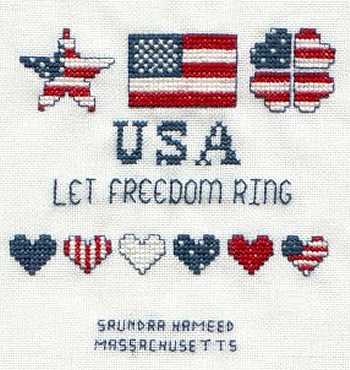 Cross-stitched memorial square by Saundra Hameed
