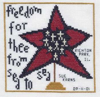 Cross-stitched memorial square by Sue Karns