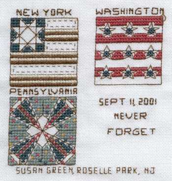 Cross-stitched memorial square by Susan Green