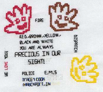 Cross-stitched memorial square by Tracey Cook