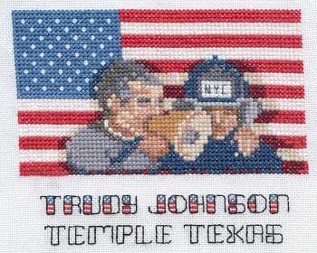 Cross-stitched memorial square by Trudy Johnson